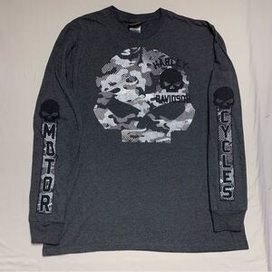 Harley Davidson Motorcycle Skull Men XL Shirt Gray Long Sleeve Dual Side Graphic